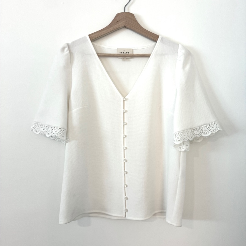 Sezane White Flutter Sleeve Blouse with Lace Trim